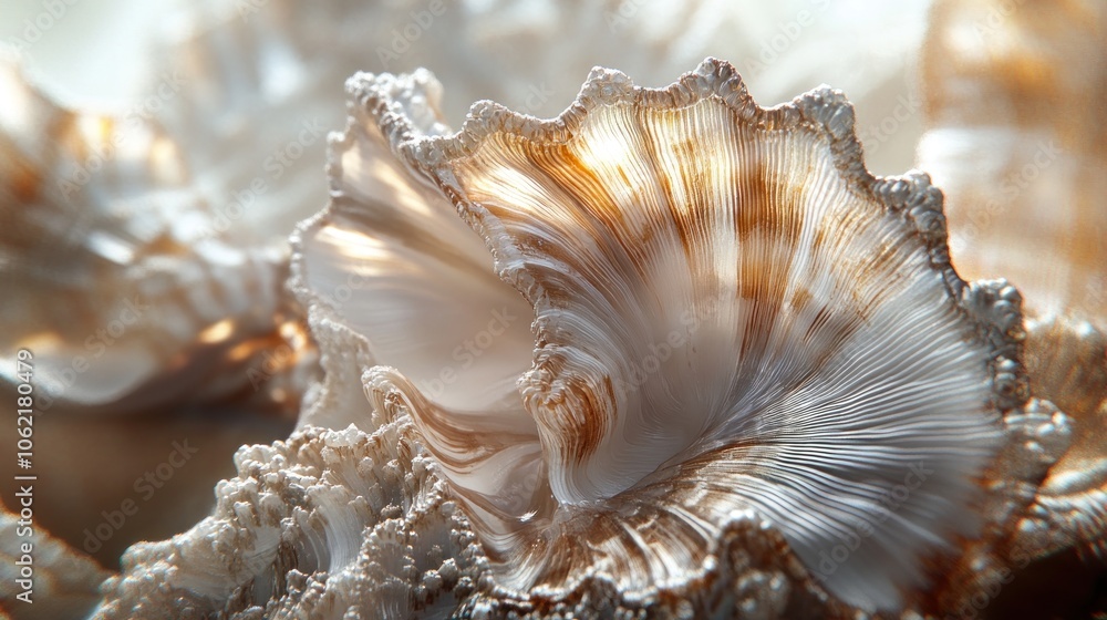 Poster close-up of a shell's inner surface with delicate ridges and brown highlights