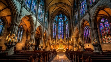 Fototapeta premium Majestic Cathedral Interior with Stained Glass and Dramatic Architecture - Looking Up Inside the Church with Copy Space for Text