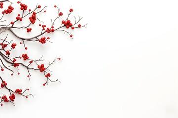 Branch with red berries arranged on a white background with ample copy space. Minimalistic winter or Christmas decoration concept.