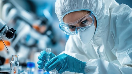 Wearing a protective suit, a researcher carefully handles glassware in a laboratory, working on chemical analysis. Bright lab equipment surrounds her as she conducts experiments