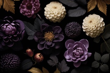 Arrangement of purple and cream flowers on a black background. Elegant and floral concept. Design for print, wallpaper, card, poster.