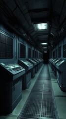 Futuristic corridor with dark ambiance and high-tech consoles, ideal for sci-fi themes and technology projects.