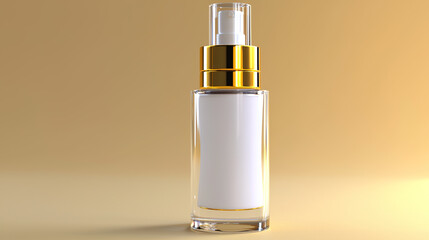 Naklejka premium Glass bottle with golden pump on beige background, ideal for beauty product mockups and design presentations.