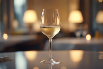 Elegant glass of white wine displayed in a warm, cozy restaurant setting