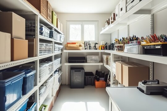 Bright, organized storage room with shelves and containers