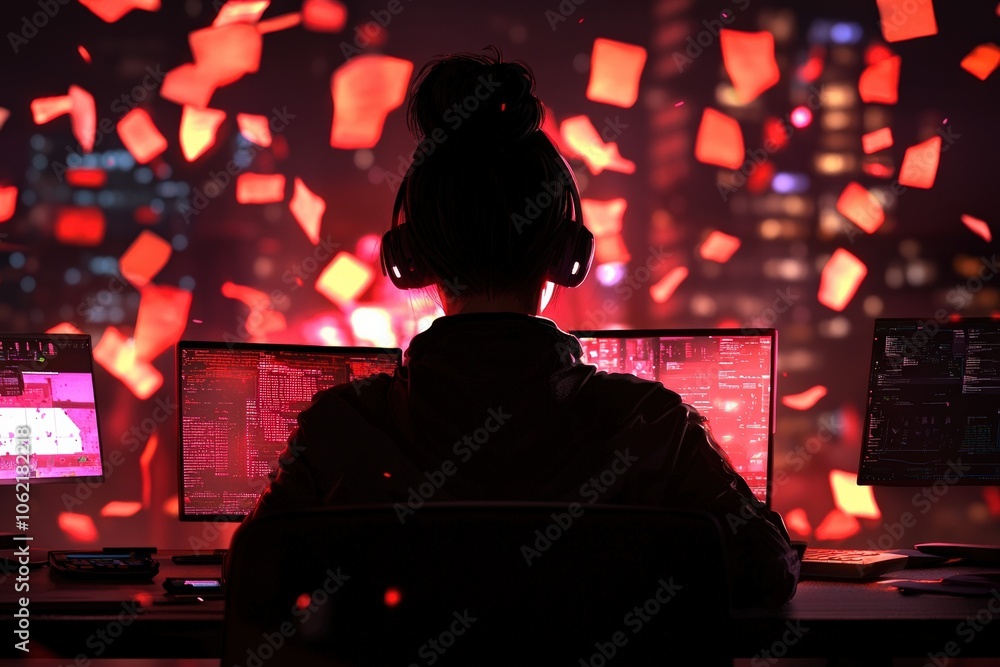 Poster a lone hacker navigates a digital landscape immersed in vibrant red visuals and complex data explori