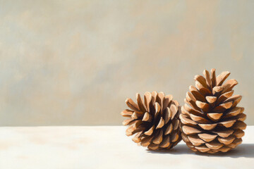 Two pine cones resting on a simple surface with a soft background