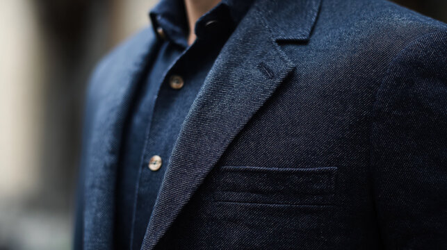 A man is wearing a blue jacket with a shiny, sparkly fabric