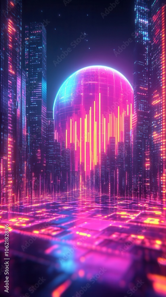 Poster futuristic digital landscape featuring vibrant neon colors and glowing data visualizations, creating