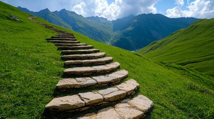 A winding stone staircase leads up a grassy hill towards a picturesque mountain range in the distance.