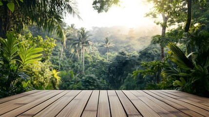 Tropical Rainforest View: Wooden Platform Overlooking Lush Jungle


