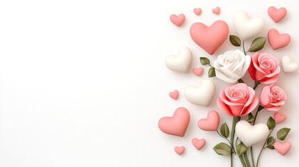 Celebrate love with a beautiful Valentine's Day banner featuring pink and white roses alongside decorative hearts on a soft, trendy background