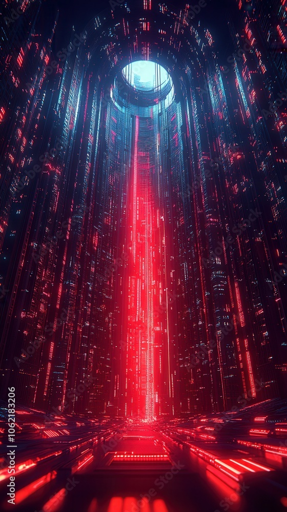 Poster futuristic digital realm with glowing red neon lights and a central beam of light, creating a captiv