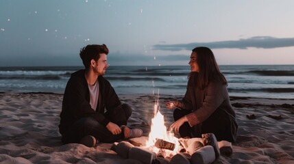 A couple sits on the sand beside a glowing campfire, sharing laughter and stories as waves gently crash in the background during twilight