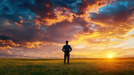 A person stands at the edge of a vast field contemplating the breathtaking sunset that paints the sky with vibrant colors and evokes a sense of peace and reflection.
