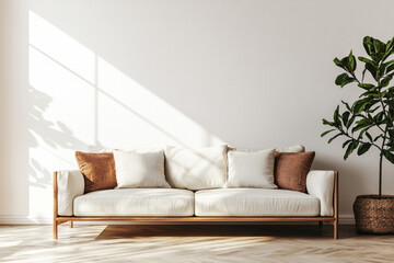 Cozy modern living room with white sofa and potted plant in sunlight