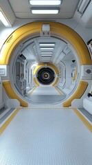 Fototapeta premium Futuristic hallway featuring a sleek, circular design with yellow accents and advanced lighting in a space station.