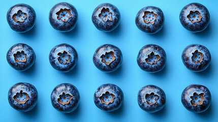 Obraz premium Vibrant blueberries arranged neatly against a bright blue background