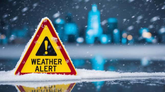 Bad weather alert in winter. Yellow warning sign pointing to heavy snow storm or blizzard. Bad weather conditions in the city with slippery icy road