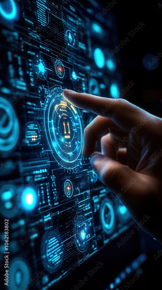 Poster futuristic hand interacting with digital interface, showcasing advanced technology and vibrant data 