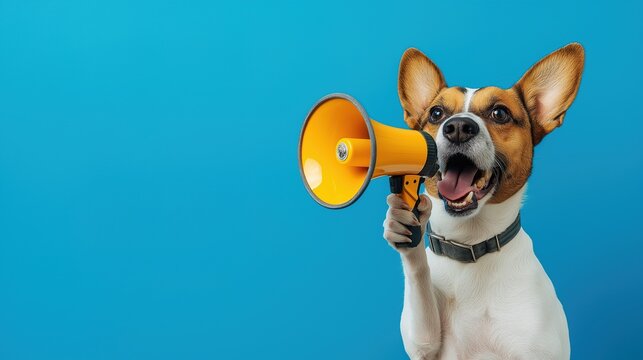 A funny dog holding a megaphone on a background, advertising copy space. Discount, sale season, announcement, Attention news