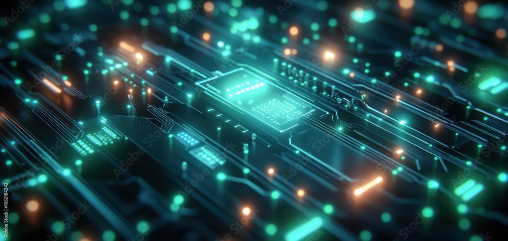 Poster futuristic technology design featuring blue and green digital circuitry patterns. generative ai