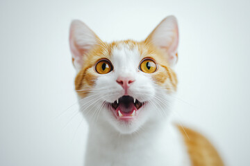 Fototapeta premium A cat with a white face and orange fur is smiling and making a funny face