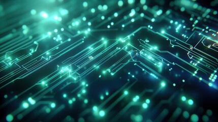 Obraz premium Futuristic tech design featuring blue and green digital circuitry elements. Generative AI