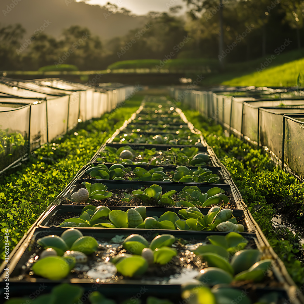 Wall mural lush green plants growing in organized rows on sunny day, showcasing vibrant farm landscape. serene 