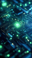 Obraz premium Futuristic digital technology with glowing blue and green circuit patterns. Generative AI