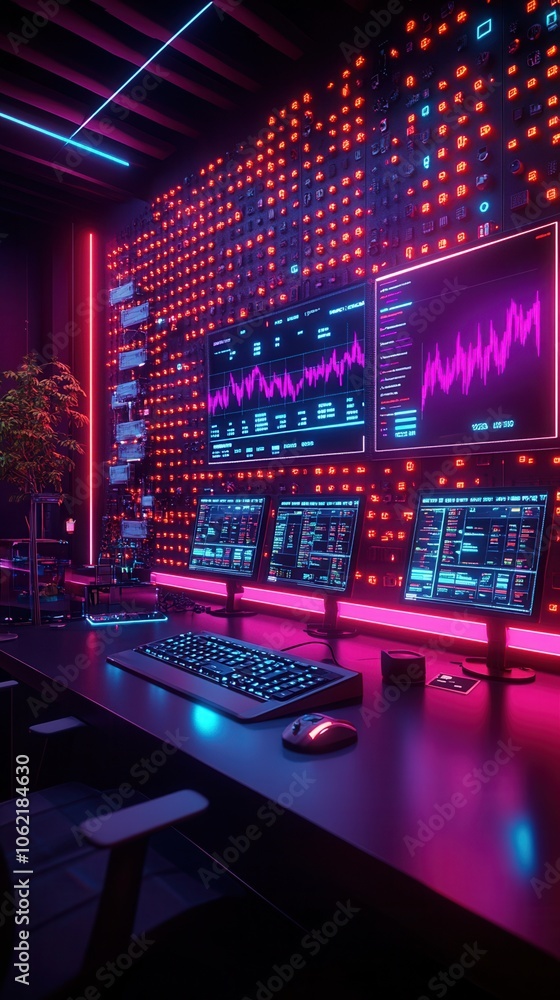 Poster futuristic workspace featuring multiple screens, vibrant lights, and advanced technology for data an