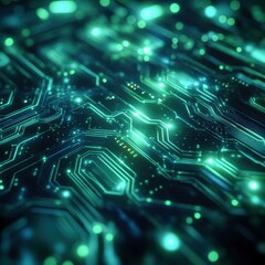 Obraz premium Futuristic digital technology cover featuring blue and green circuit patterns. Generative AI