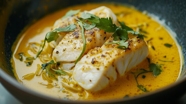A vibrant bowl of coconut fish curry featuring a rich yellow broth, garnished with fresh herbs, set against a stylish restaurant backdrop, perfect for a menu highlight. coconut fis