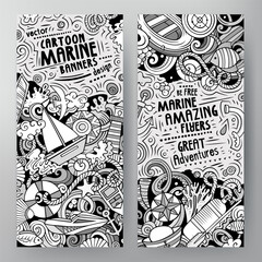 Cartoon vector doodle set of Marine banners templates. Corporate identity for the use on invitations, cards, apps, branding, flyers, greeting cards, postcards, web design