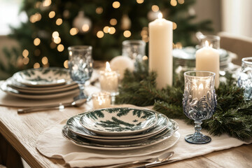 Elegant holiday dining table set up with candles and greenery in a cozy home