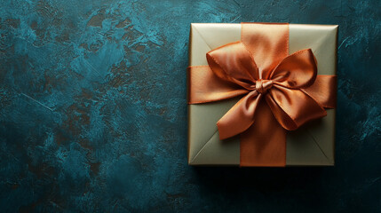 Wrapped gift box with a golden ribbon on a textured teal background