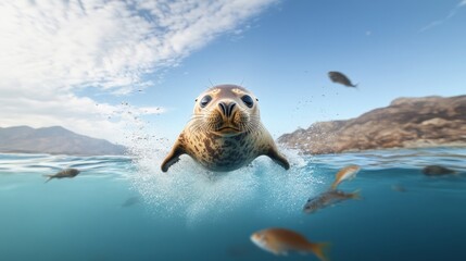 Fototapeta premium Beneath the Surface: An elephant seal explores the underwater world, surrounded by schools of fish.