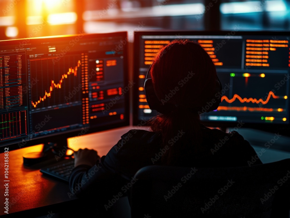 Poster analyst monitors market trends using advanced technology and data visualizations for strategic insig
