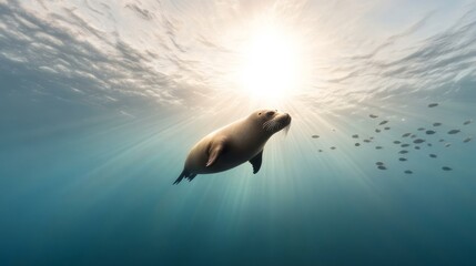 Fototapeta premium Beneath the Surface: An elephant seal explores the underwater world, surrounded by schools of fish.