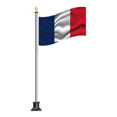 French flag waving on a flagpole, isolated on transparent or white background, vector illustration. The national flag of France.