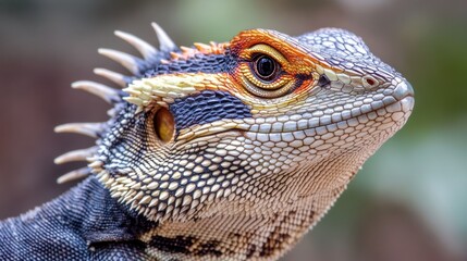 Close-up of a brightly colored lizard with a spiky crest and a single visible eye.