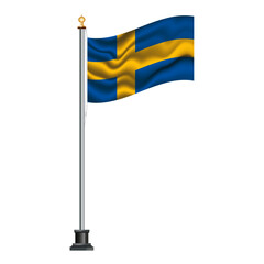 Swedish flag waving on a flagpole, isolated on transparent or white background, vector illustration. The national flag of Sweden.