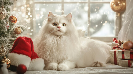 santa Turkish angora cat Christmas mood. New year concept