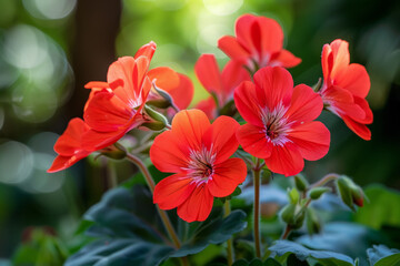 Bright red geranium flowers blooming in a lush garden setting during daylight