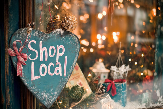 Shop local sign in the window of a Christmas shop. Support small business