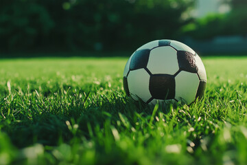 Fototapeta premium Close-up view of soccer ball on vibrant green grass