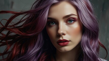 Naklejka premium The young woman showcases her vibrant purple and red hair while gazing confidently emphasizing her bold makeup and artistic hairstyle in a studio setting