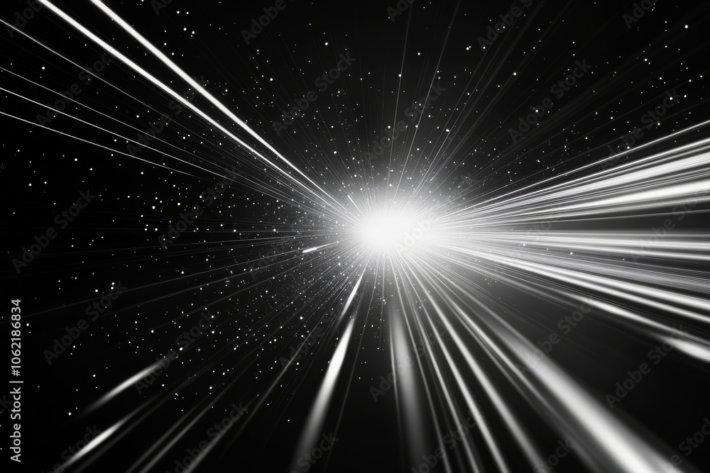 Poster abstract tunnel with bright stripes in motion, illustration of star exploding in dark universe. glow