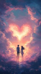 Fototapeta premium Illustration couple holding hands in dreamy sky cloud