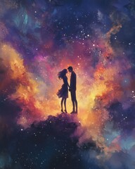 Fototapeta premium Illustration couple holding hands in dreamy sky cloud